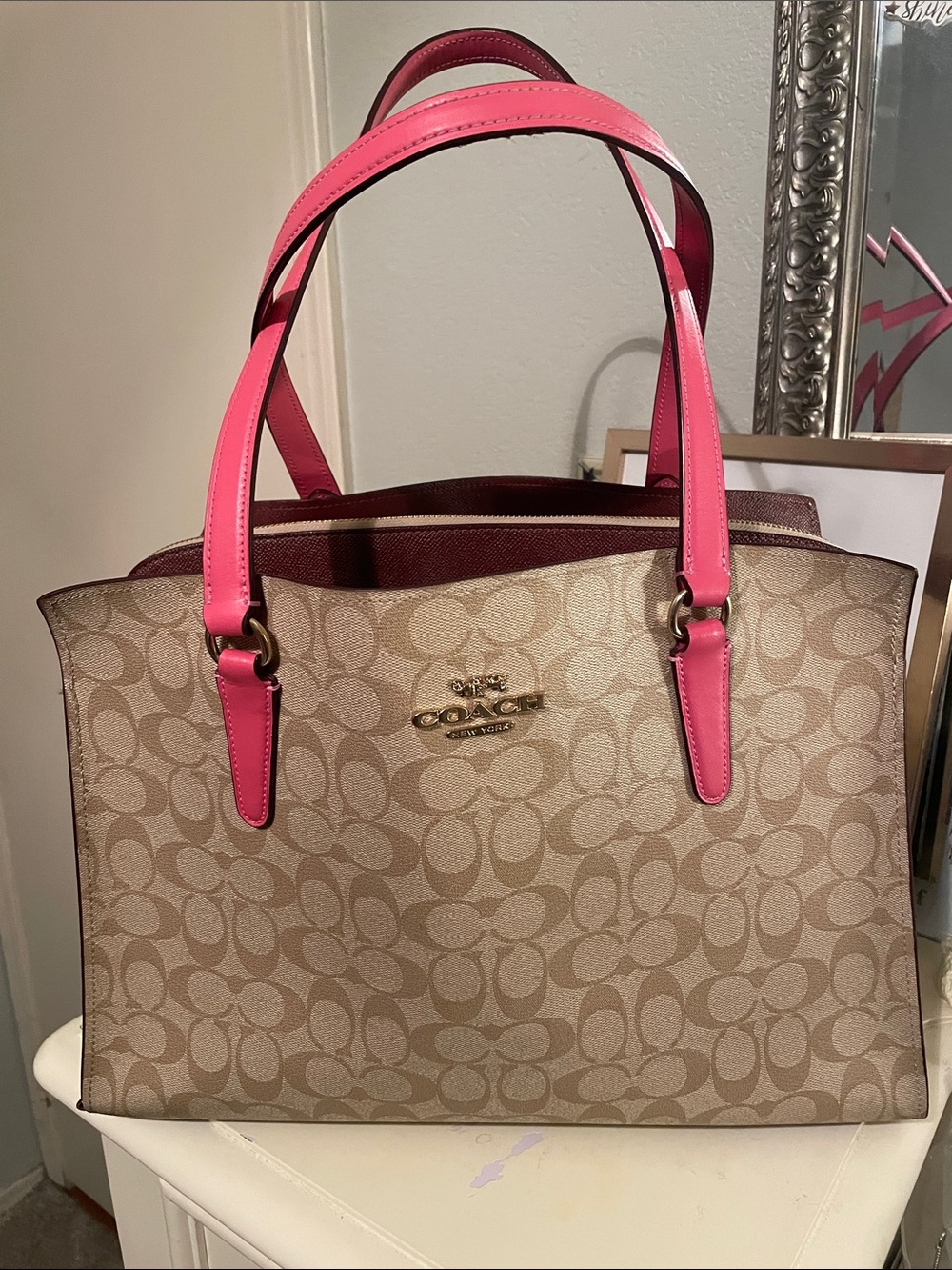 Coach Beige Signature Tote with Pink Handles